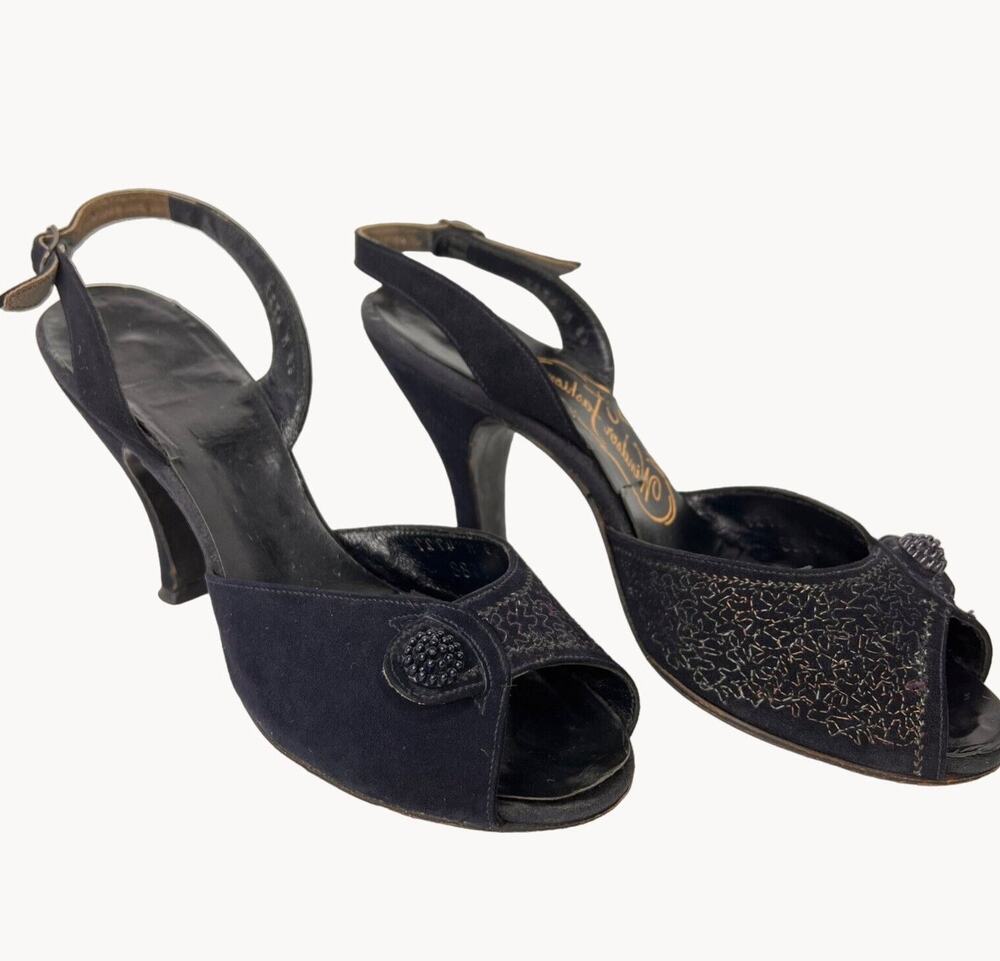 Vintage Navy Sling Back Peep Toe Heels 40s 50s Windsor Fashions Size 6.5 Shoes